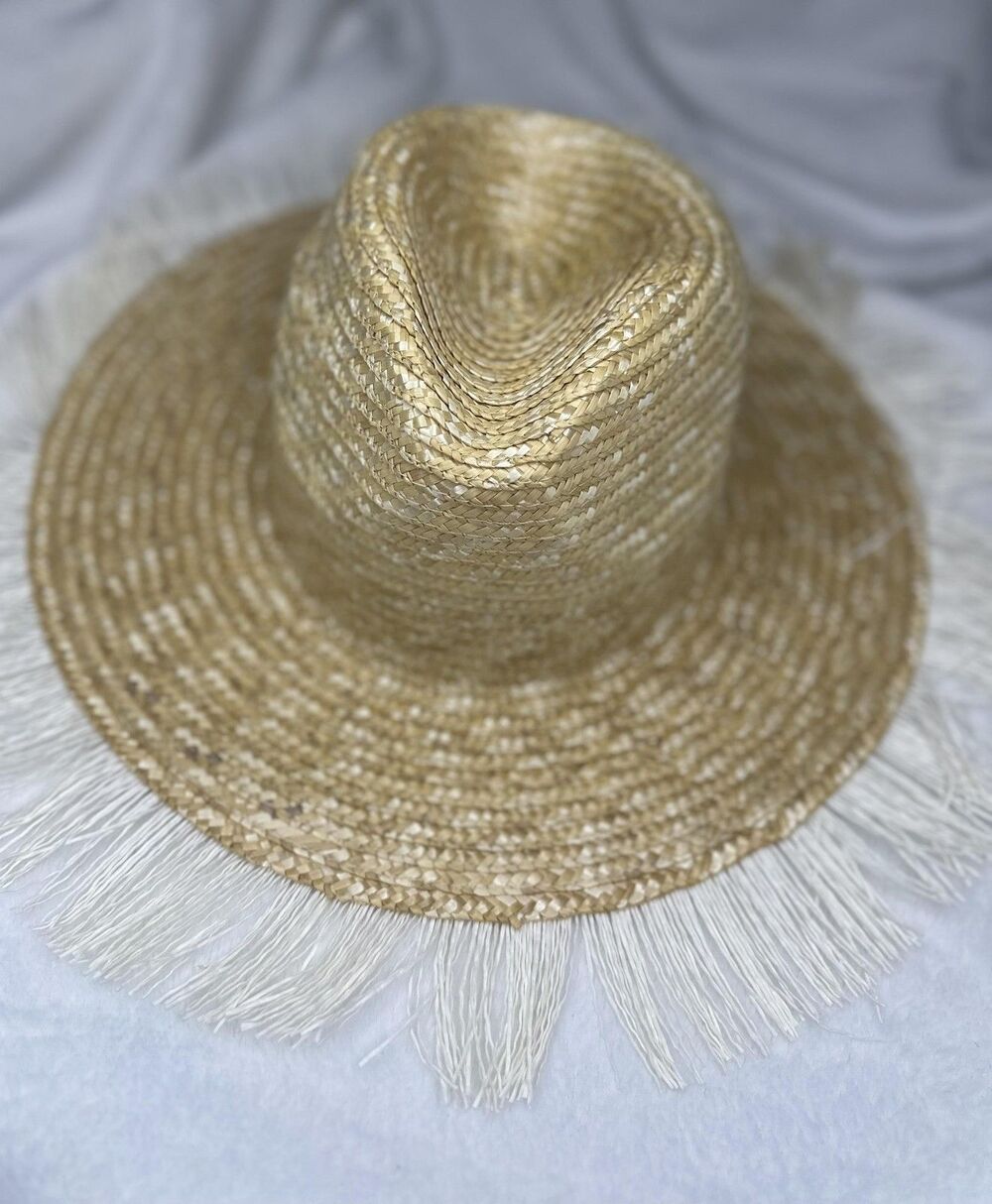 Kensie Hat Sun Womens One Size Beige Straw Fringe Wide Brim Beach Travel